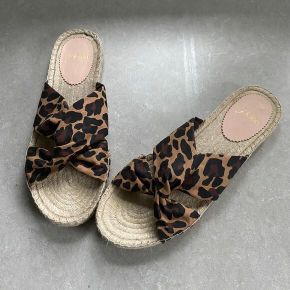 J. Crew Canvas Twisted Knot Leopard Espadrilles Slides Sandals 8.5 - Picture 1 of 9